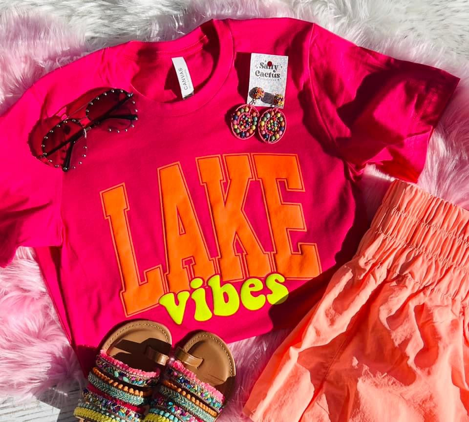 *PUFF* Lake Vibes Neon Yellow and Neon Orange Puff on Fuschia Tee