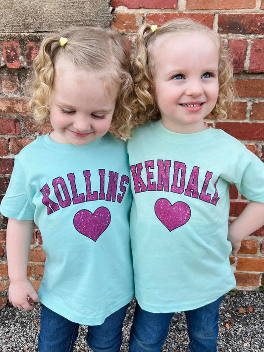 Kids Pink Glitter Name Design with Heart Aqua Tee