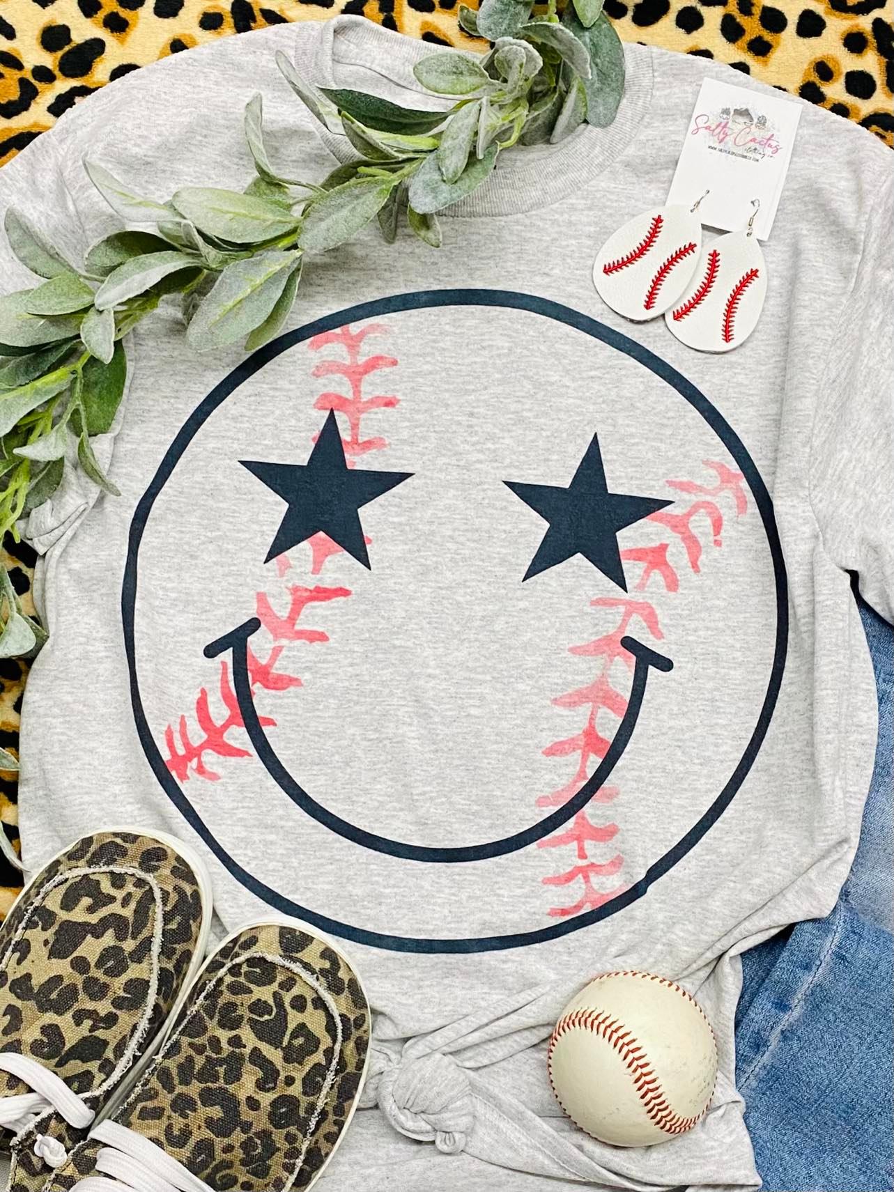 Kids Baseball Smiley Face Grey Tee