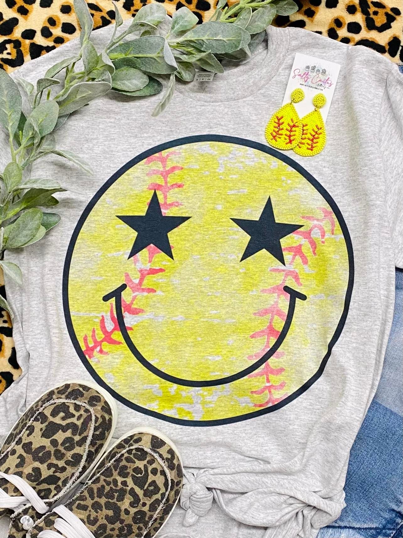 Softball Smiley Face Grey Tee