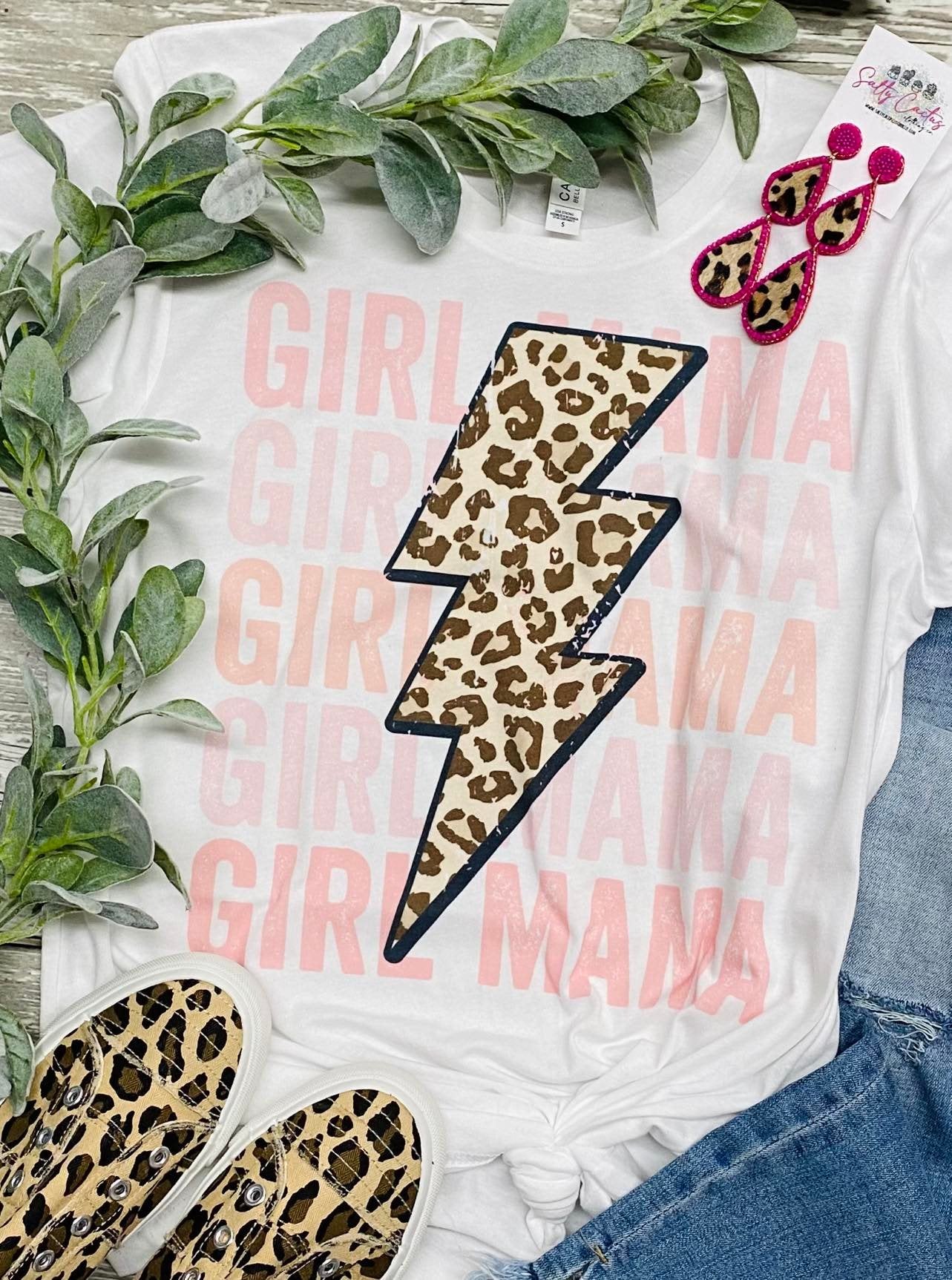 Girl Mama Leopard Lightening Bolt White Bella Tee