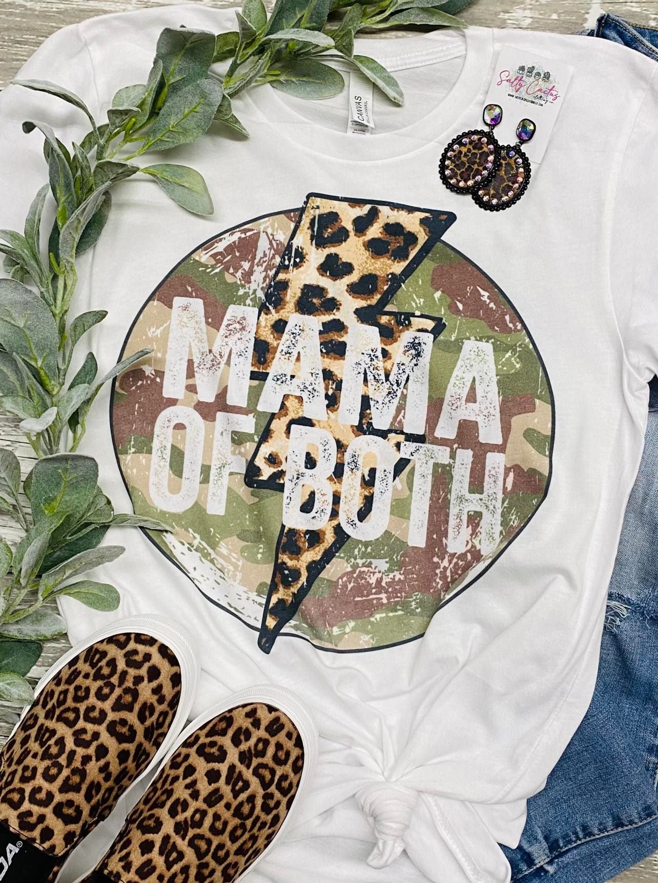 Mama Of Both Camo & Leopard Lightening Bolt White Bella Tee