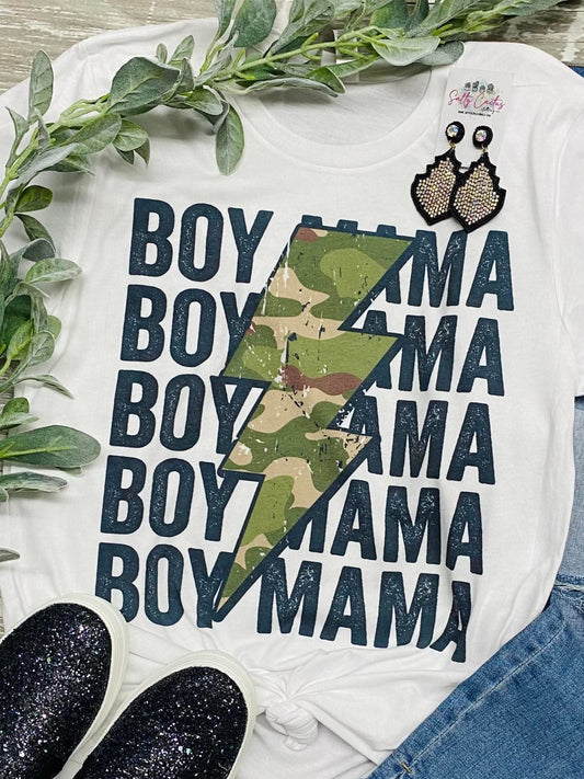 Boy Mama Camo Lightening Bolt White Tee