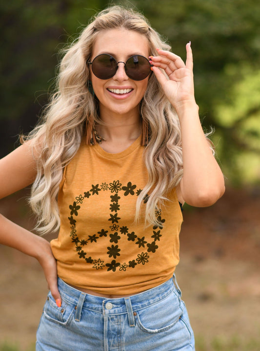 Peace Sign Black Flowers Mustard Tank