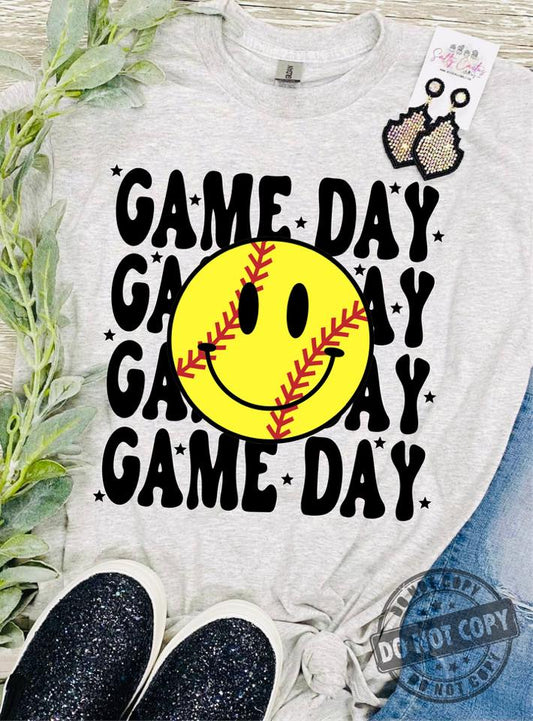 Game Day Softball Smiley Grey Tee