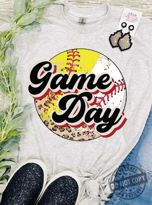 Game Day Baseball Softball Leopard Circle Grey Tee