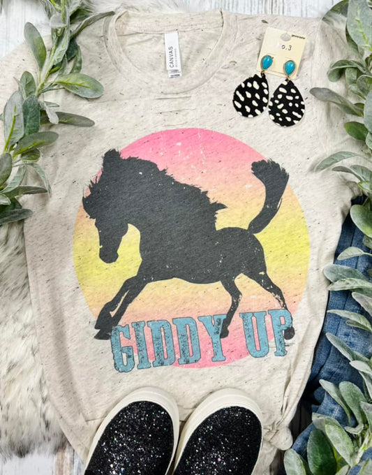 Giddy Up Grey Tee With Cuts