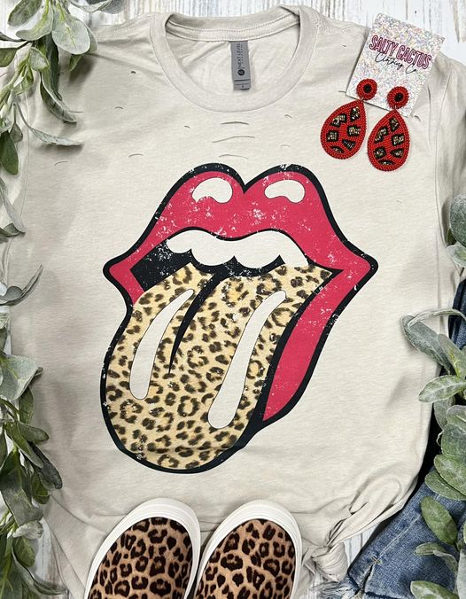 Red Leopard Tongue Grunge Tan Tee With Cuts