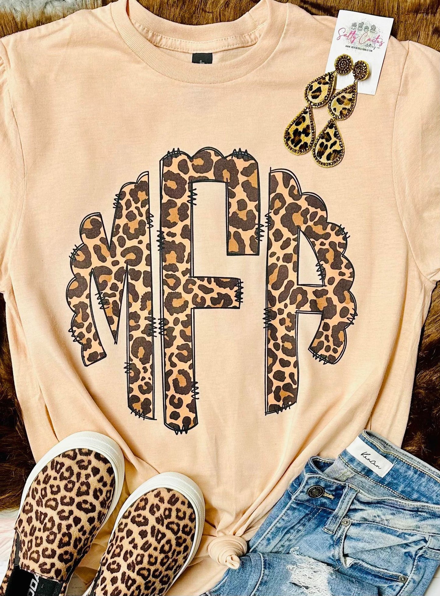 Leopard Scalloped Mono Peach Tee