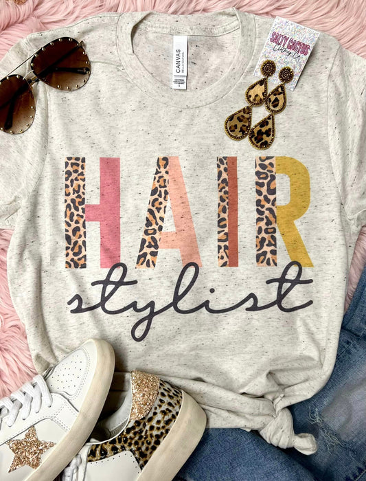 Hair Stylist Leopard Colorblock Oatmeal Tee