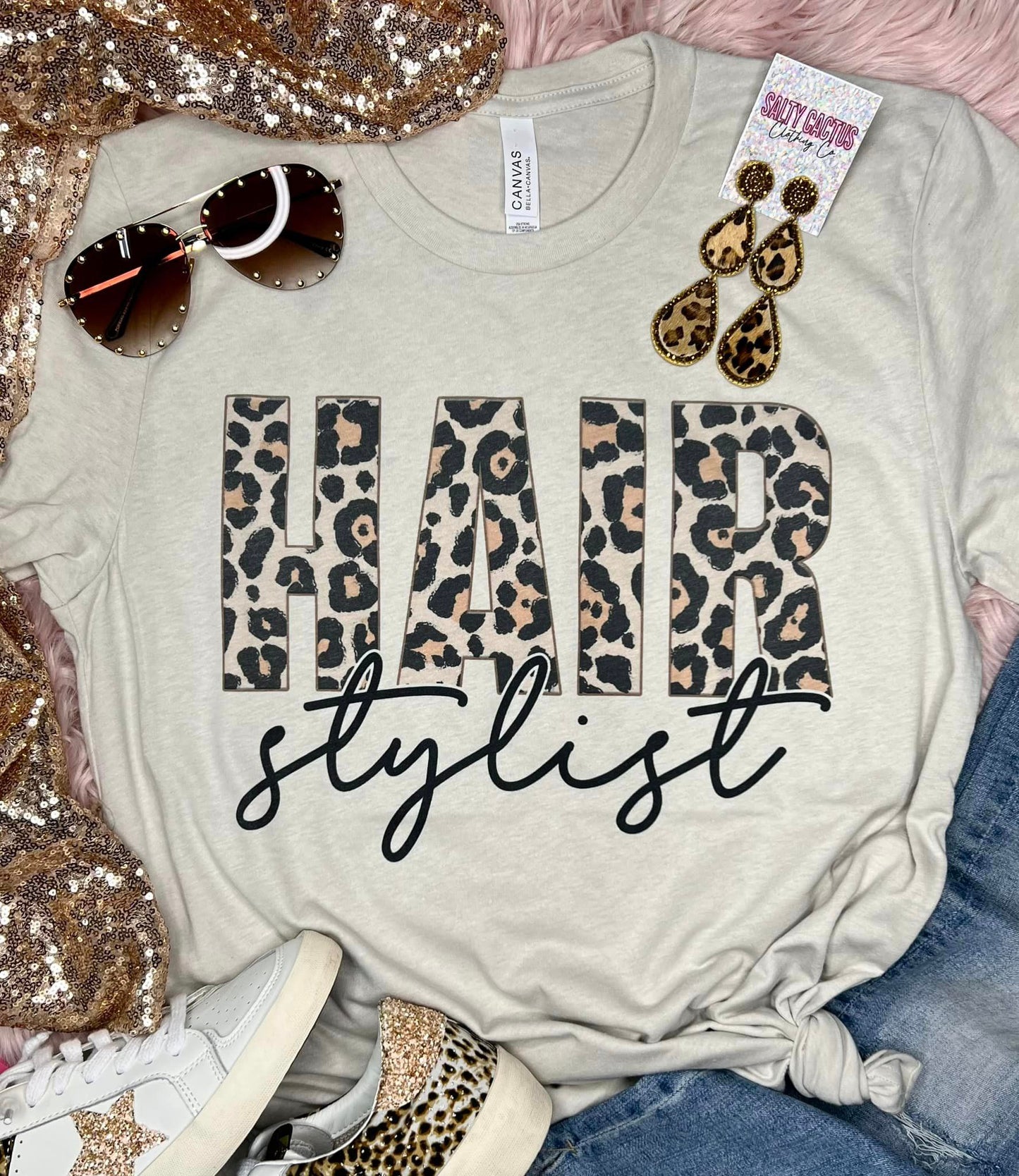 Hair Stylist Leopard Words Tan Tee