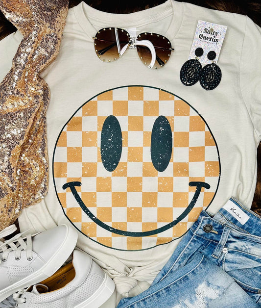 Checkered Smiley Face Tan Tee