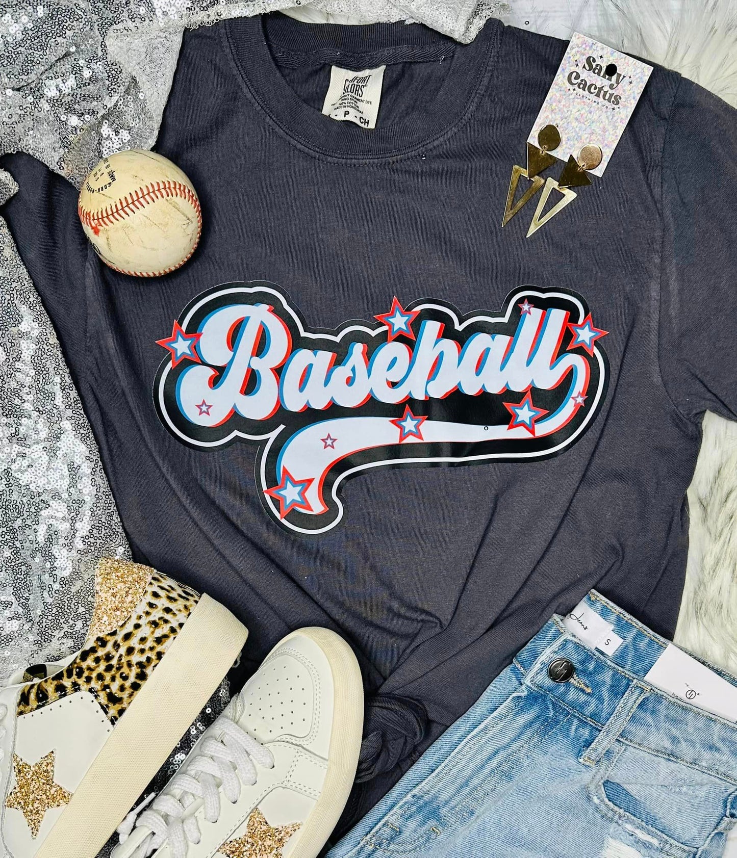 *DTG* Baseball Retro White Cursive With Stars Dark Grey Comfort Color