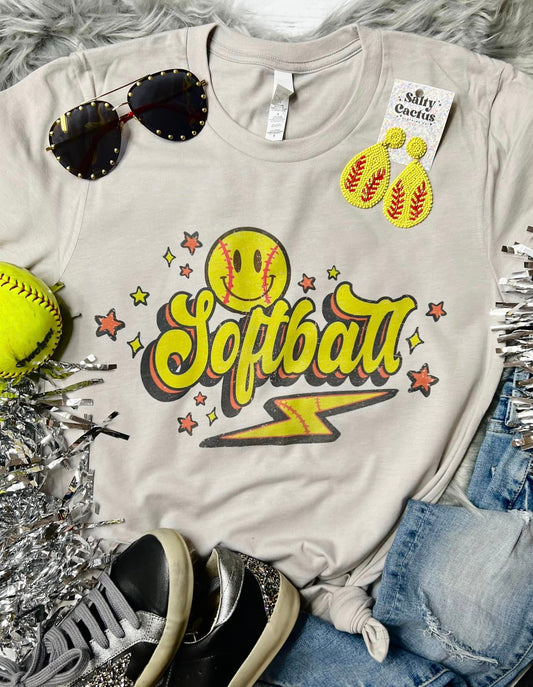 Softball Smiley Bolt Tan Tee