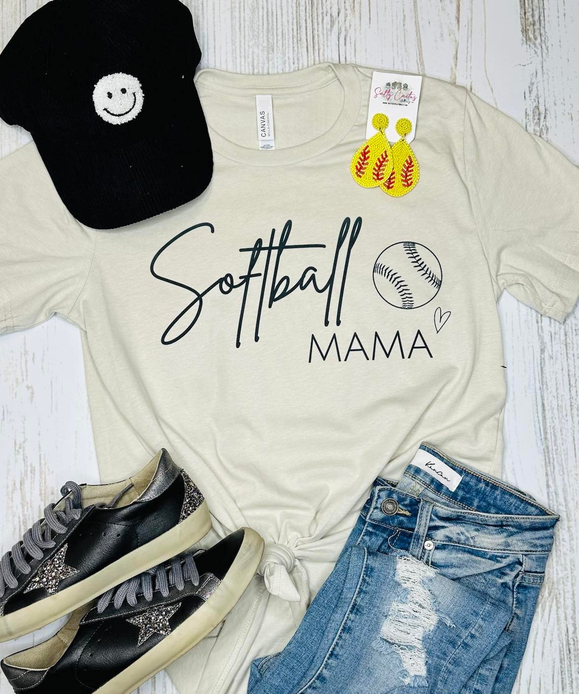 Softball Mama Cursive With Ball and Heart Tan Tee