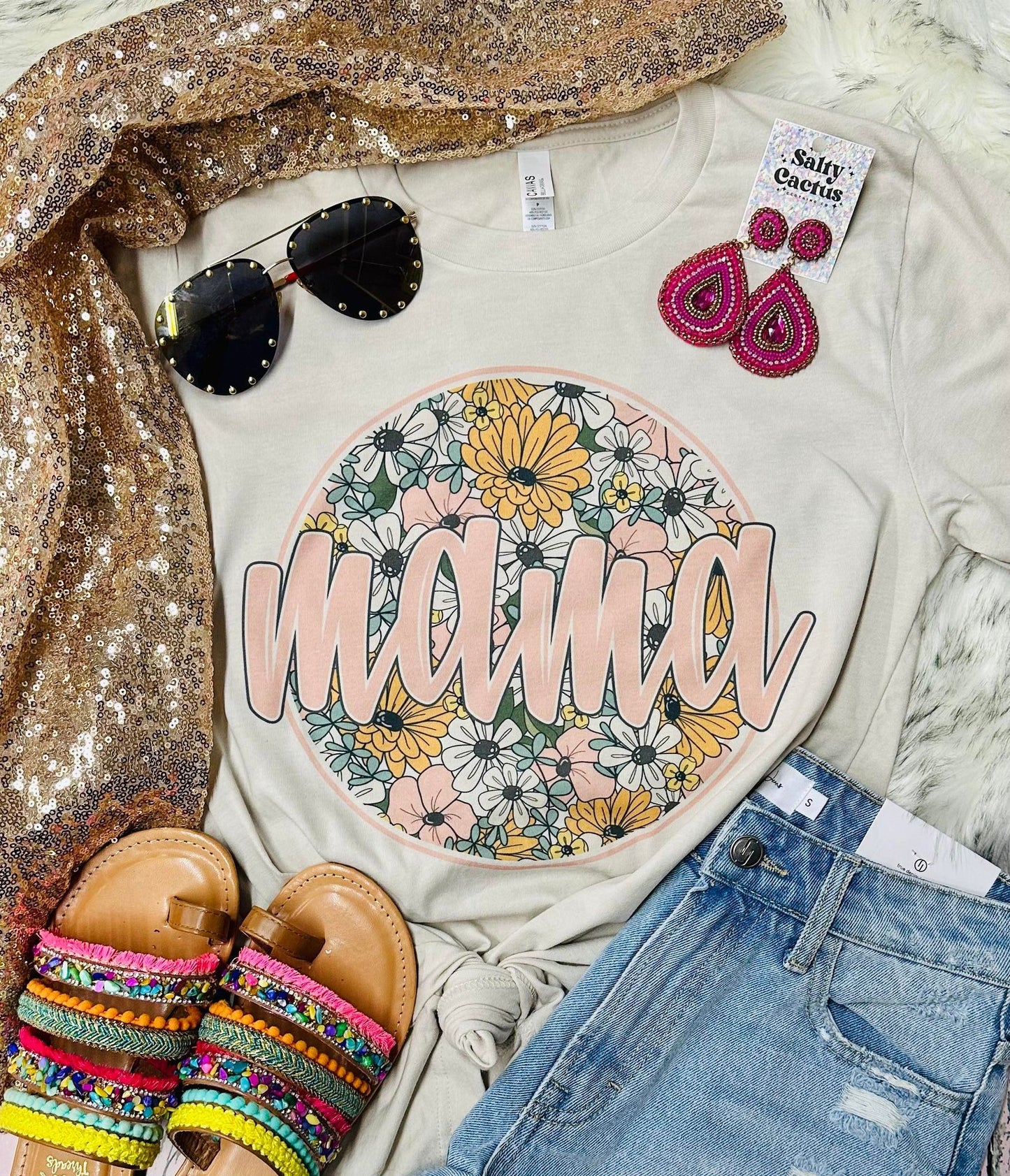 Floral Mustard & Peach Mama Tan Tee