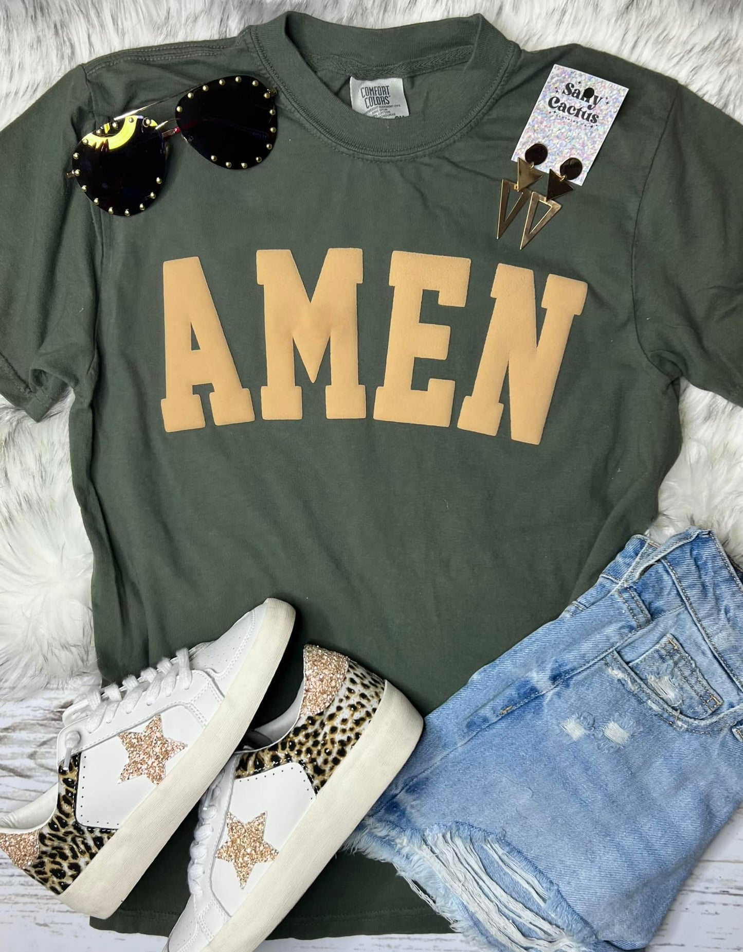 *PUFF* Amen Tan Army Green Comfort Colors Tee