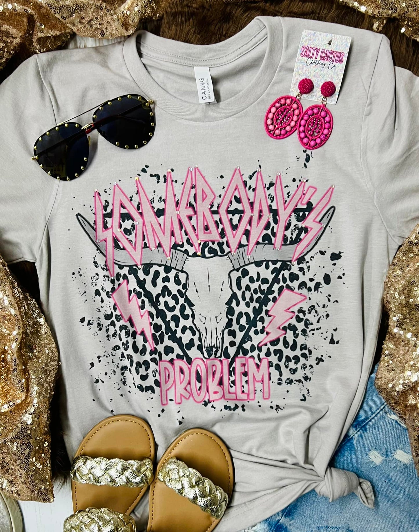 *EMBELLISHED* Somebody's Problem Pink Skull Stone Tee