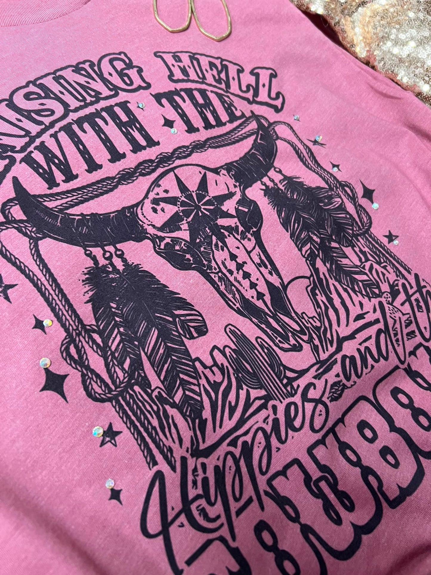 *EMBELLISHED* Raising Hell With The Hippies And The Cowboys Next Level  Mauve Tee