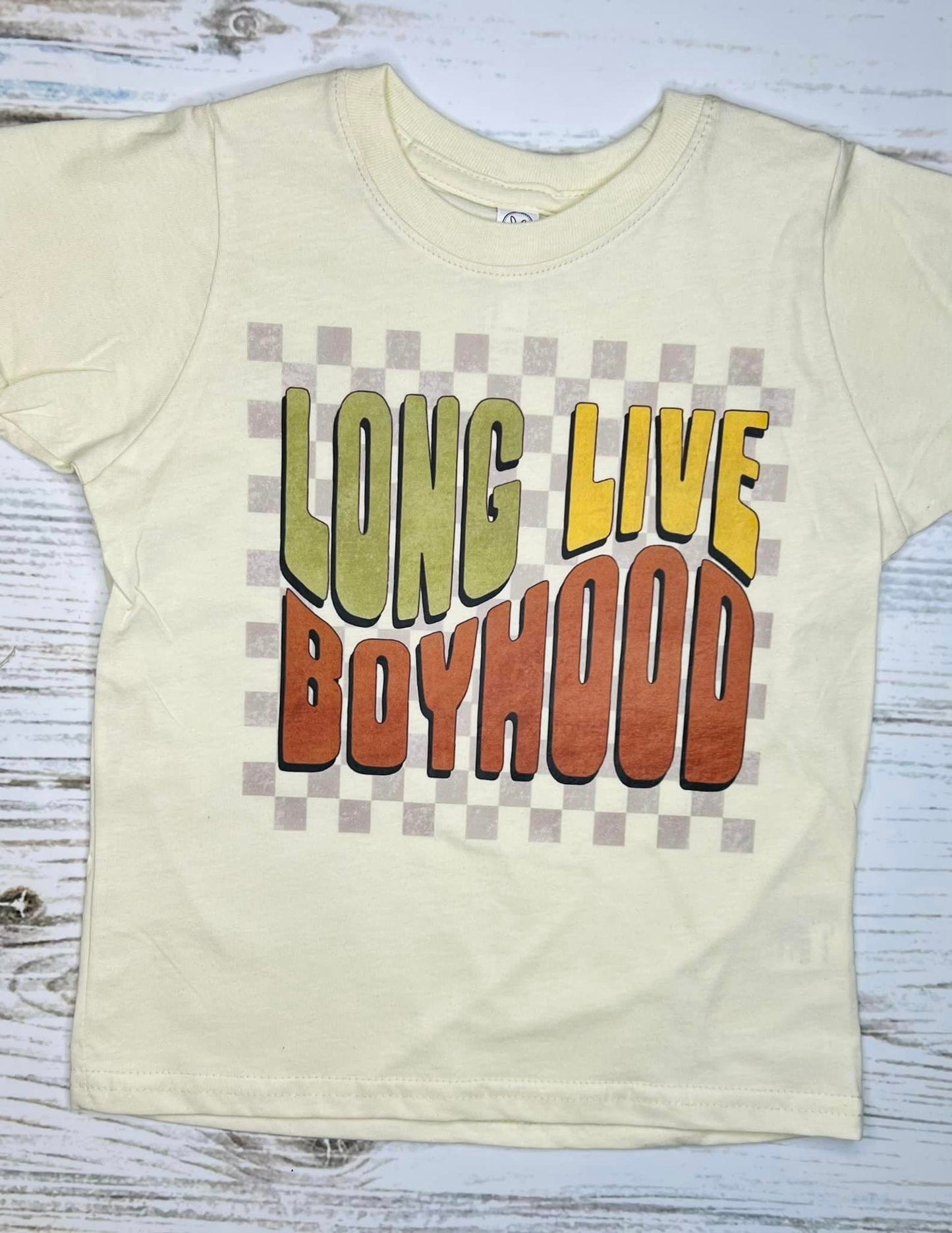 Boys Long Live Boyhood Checkered Tan Tee