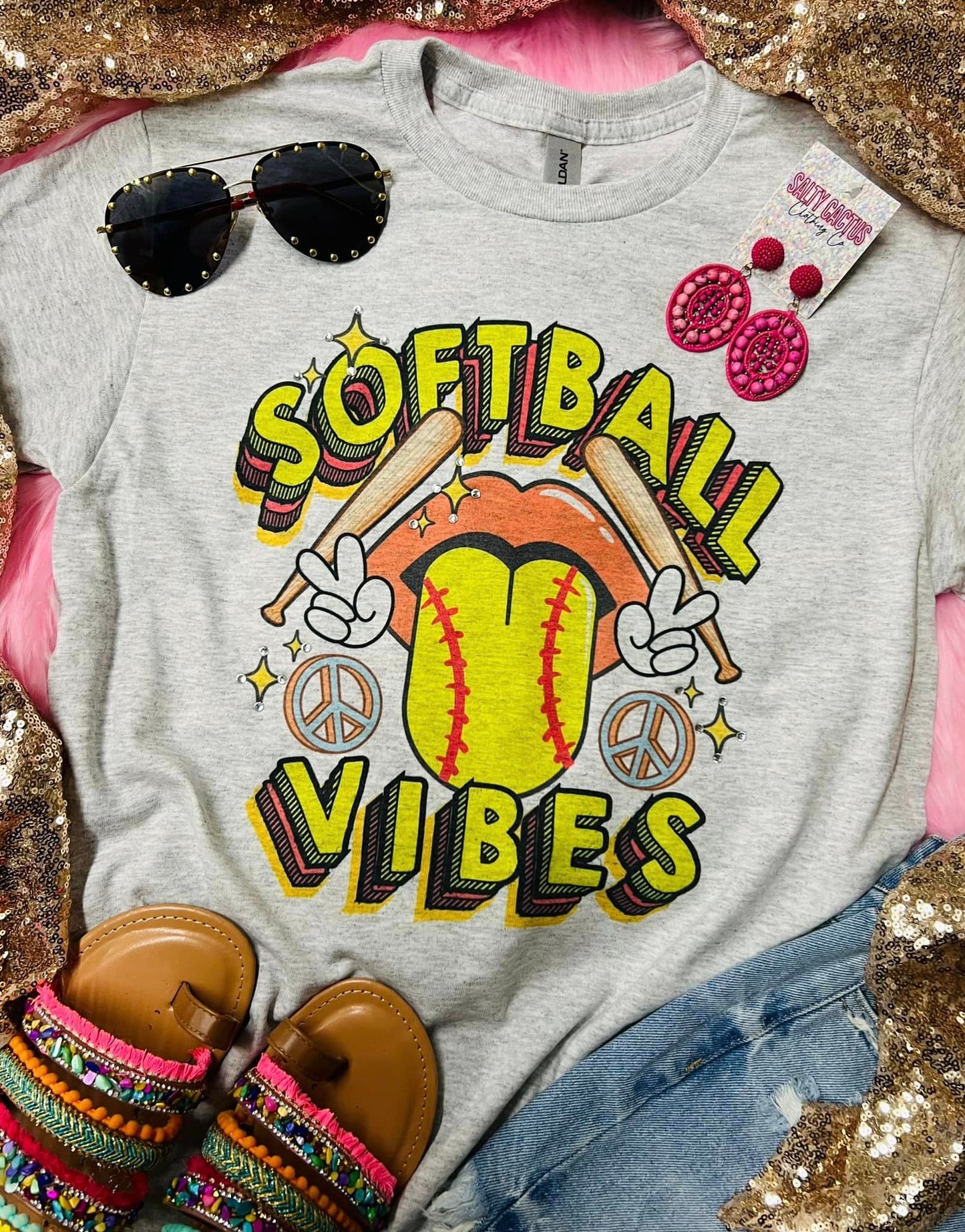 Softball Vibes Yellow Tongue Grey Tee