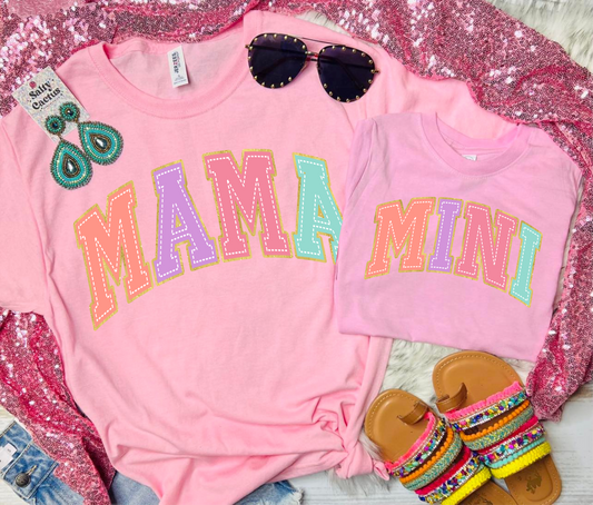 *DTG* Mama/ Mini Colorful Stitch Patch Pink Tee