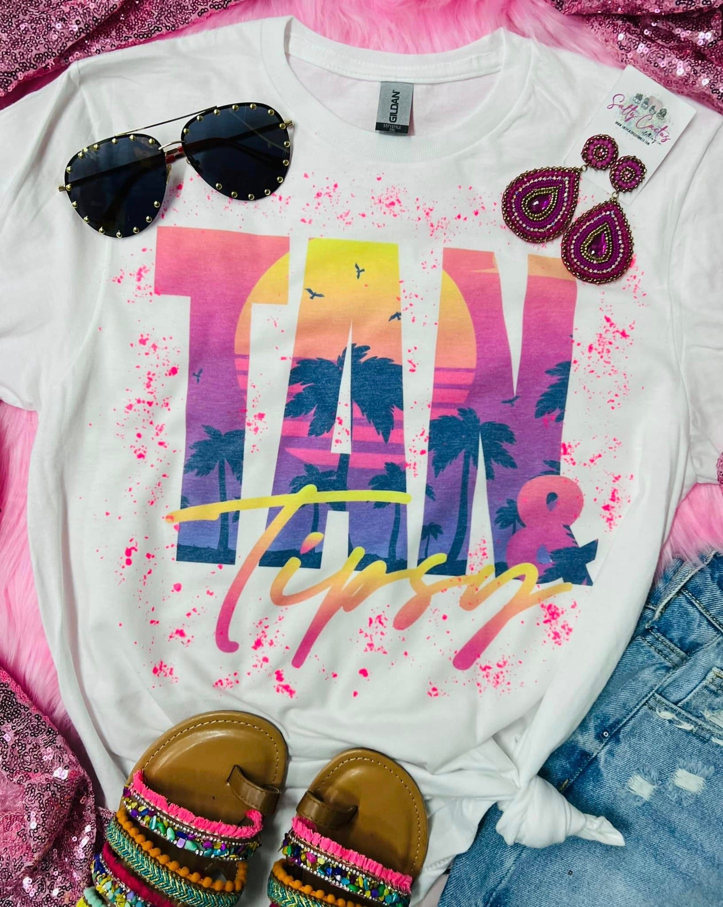 Tan & Tipsy Sunset Neon Pink Splatter White Tee