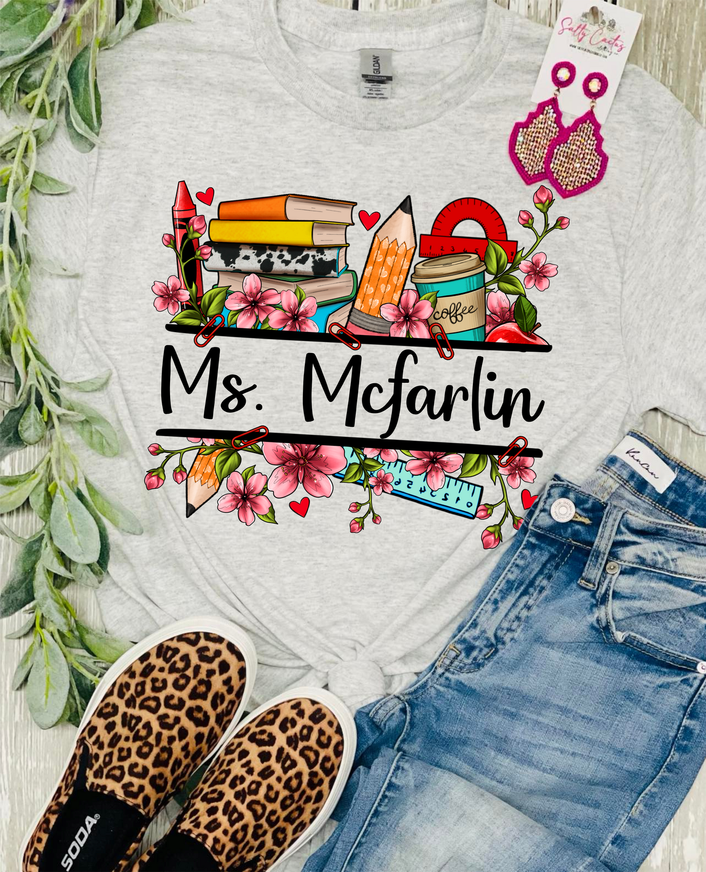 Floral Custom Teacher Name Grey Tee