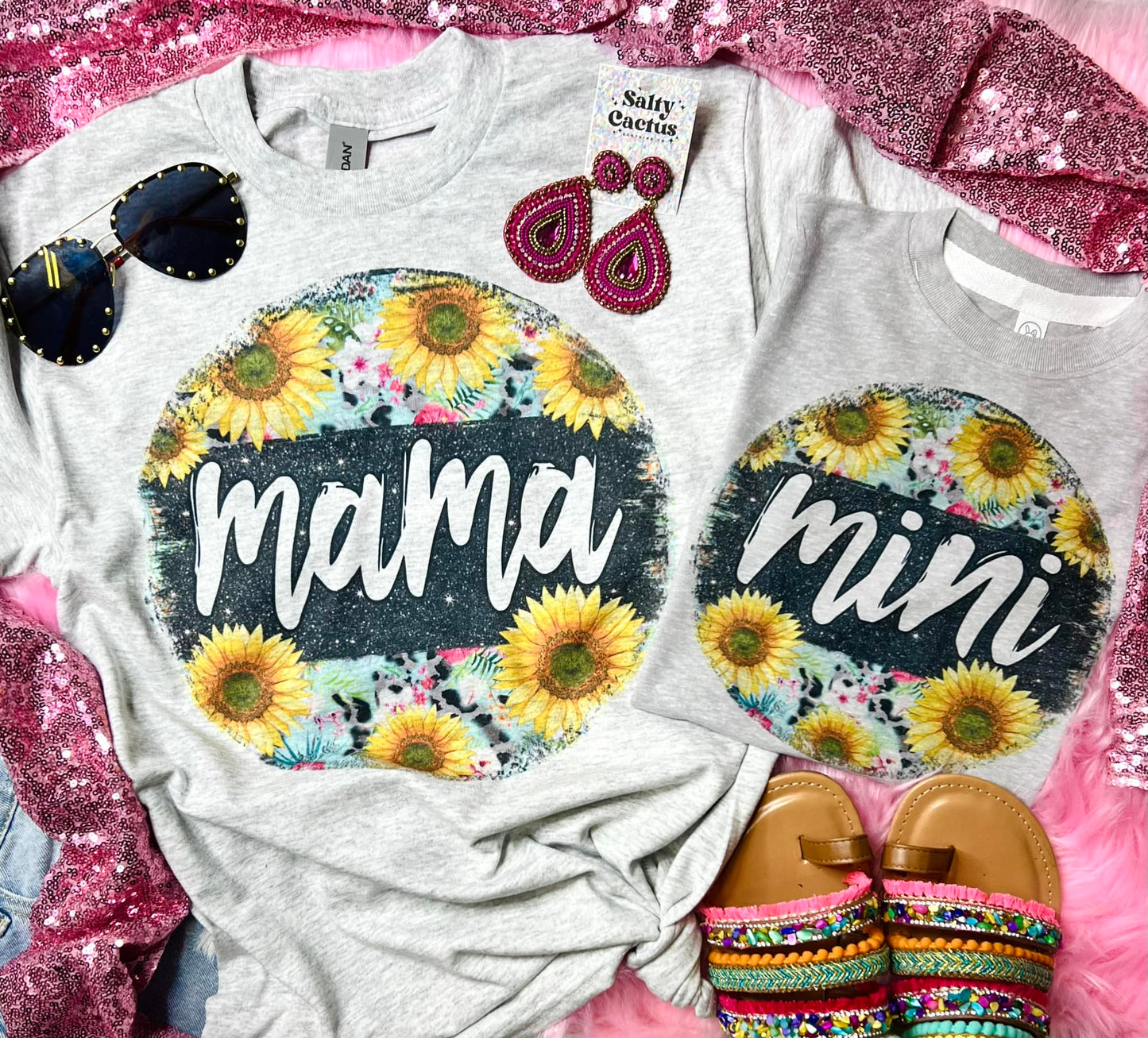 Mama/Mini Sunflower Circle Grey Tee