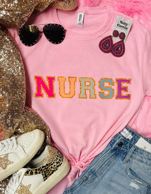 Nurse Chenille Letter Baby Pink Tee