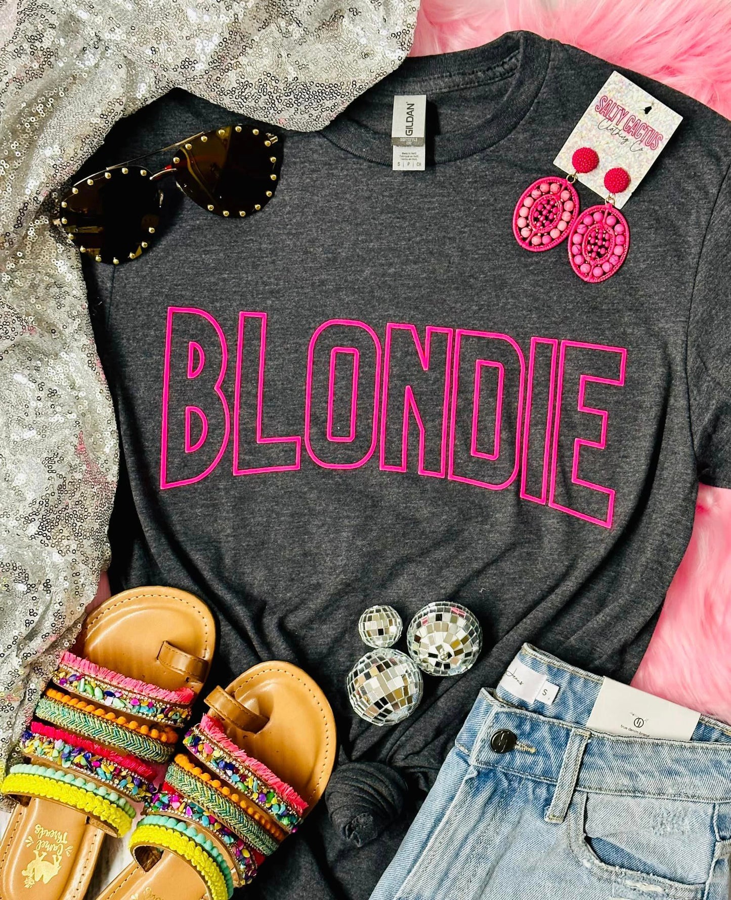 *PUFF* Blondie Neon Pink Puff on Dark Grey Tee