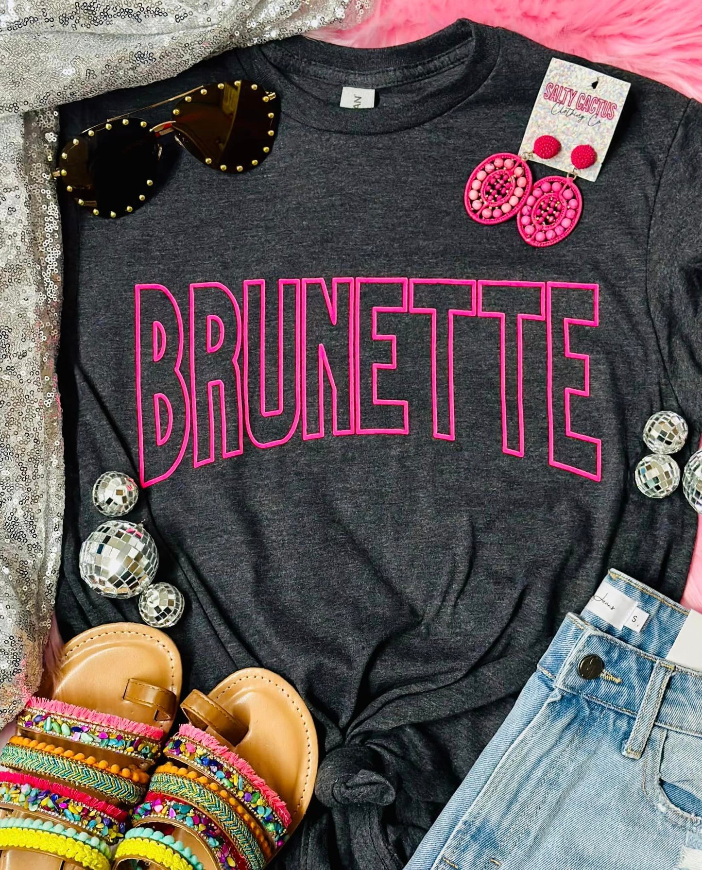 *PUFF* Brunette Neon Pink Puff on Dark Grey Tee