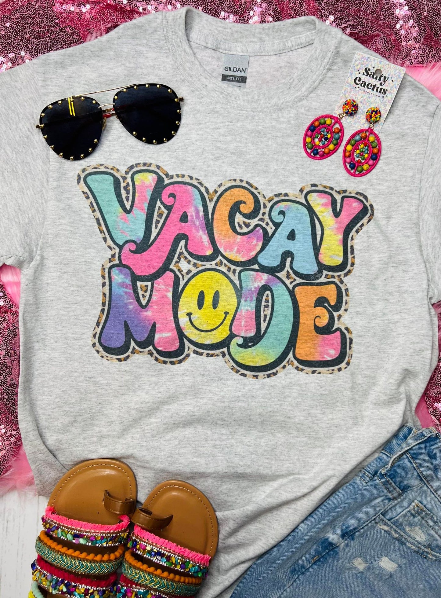 Vacay Mode Tie Dye Leopard Grey Tee