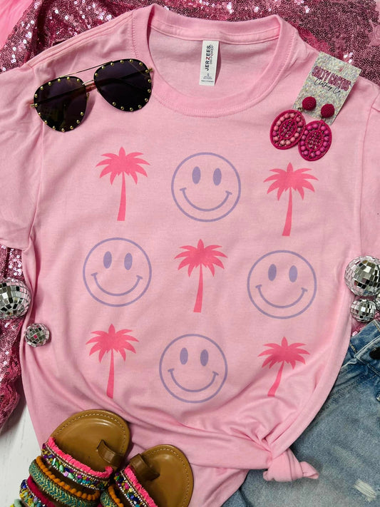 Smiley Palm Tree Baby Pink Tee