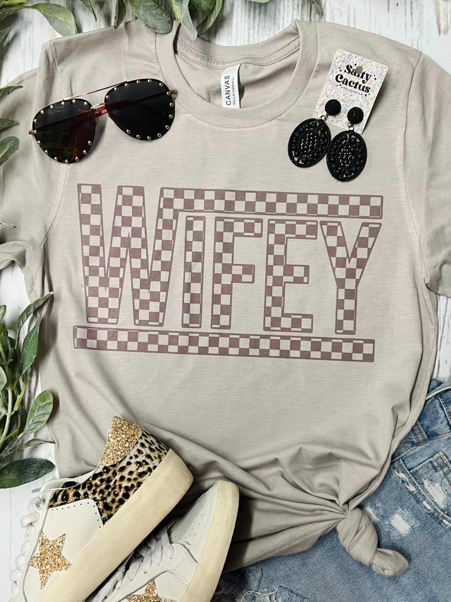 Wifey Checkered Brown on Tan Tee