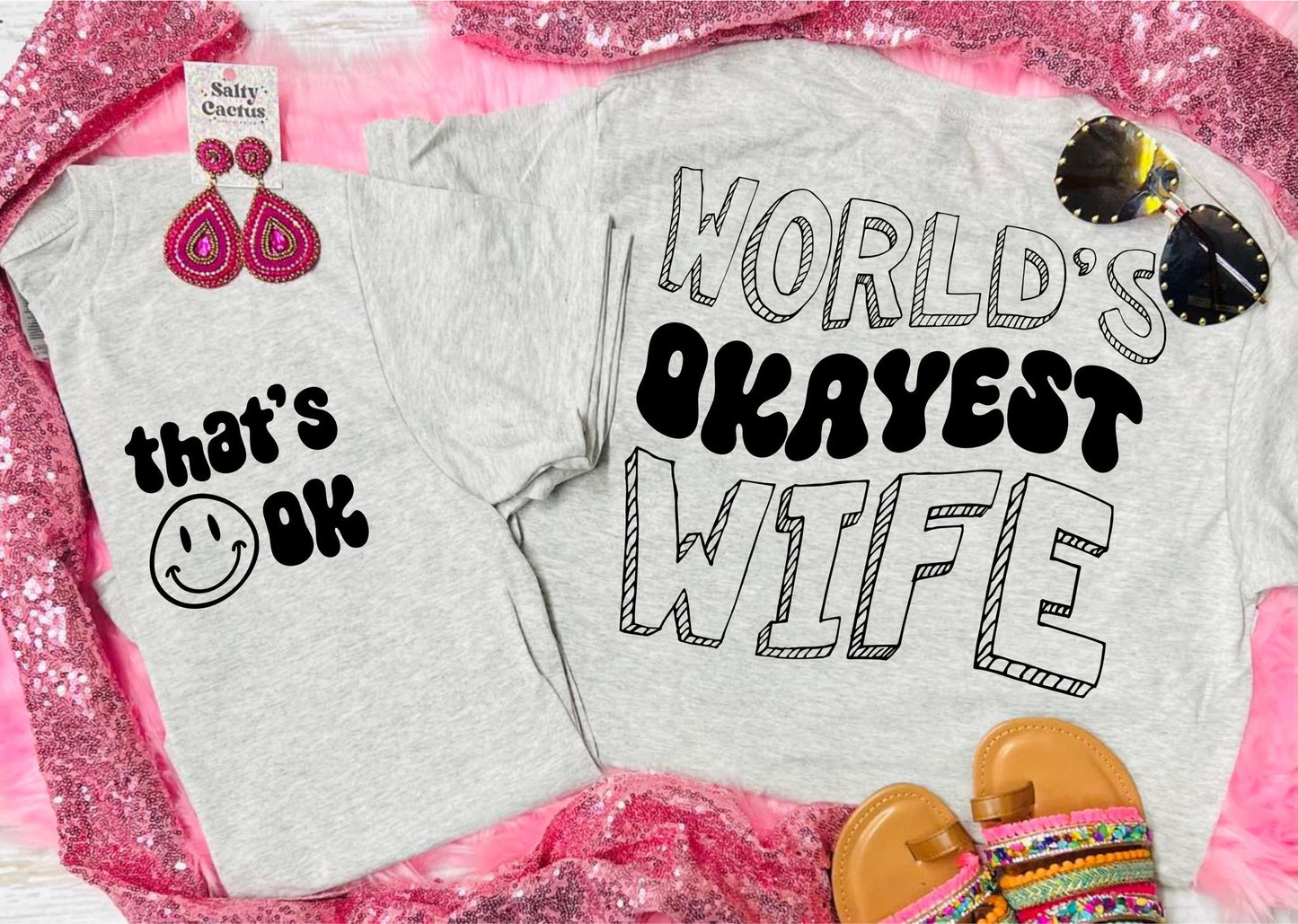 World's Okayest Wife Front Pocket and Big On Back Design Grey Tee