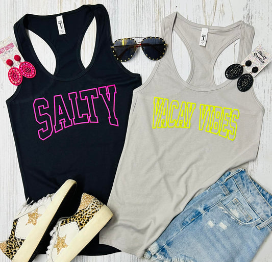 **PUFF** Vacay Vibes Neon Yellow Puff Grey Racerback Tank