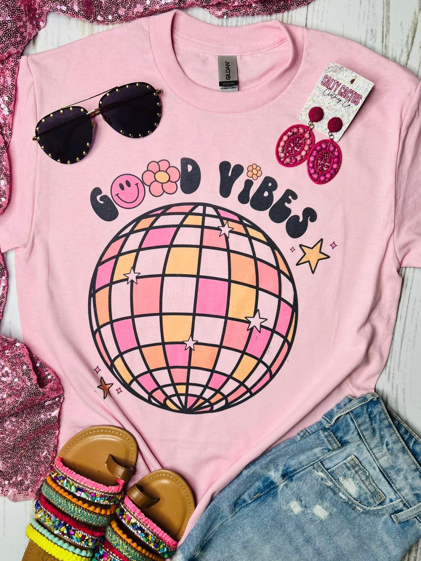 Good Vibes Disco Ball Pink Tee