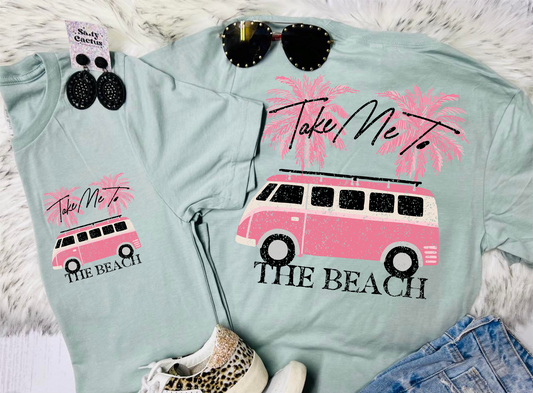 *DTG* Take Me to The Beach Pink Van Front Pocket and Big on Back Design on Dusty Blue Bella