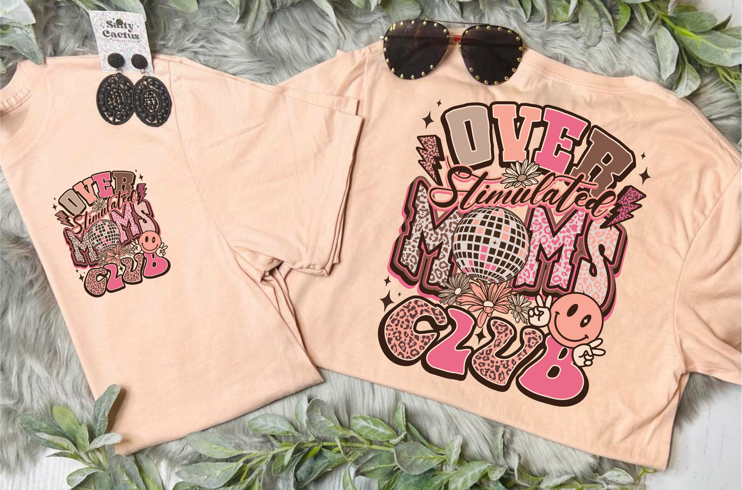 Disco Ball Over Stimulated Moms Club Front Pocket and Big on Back Design on Peach Tee