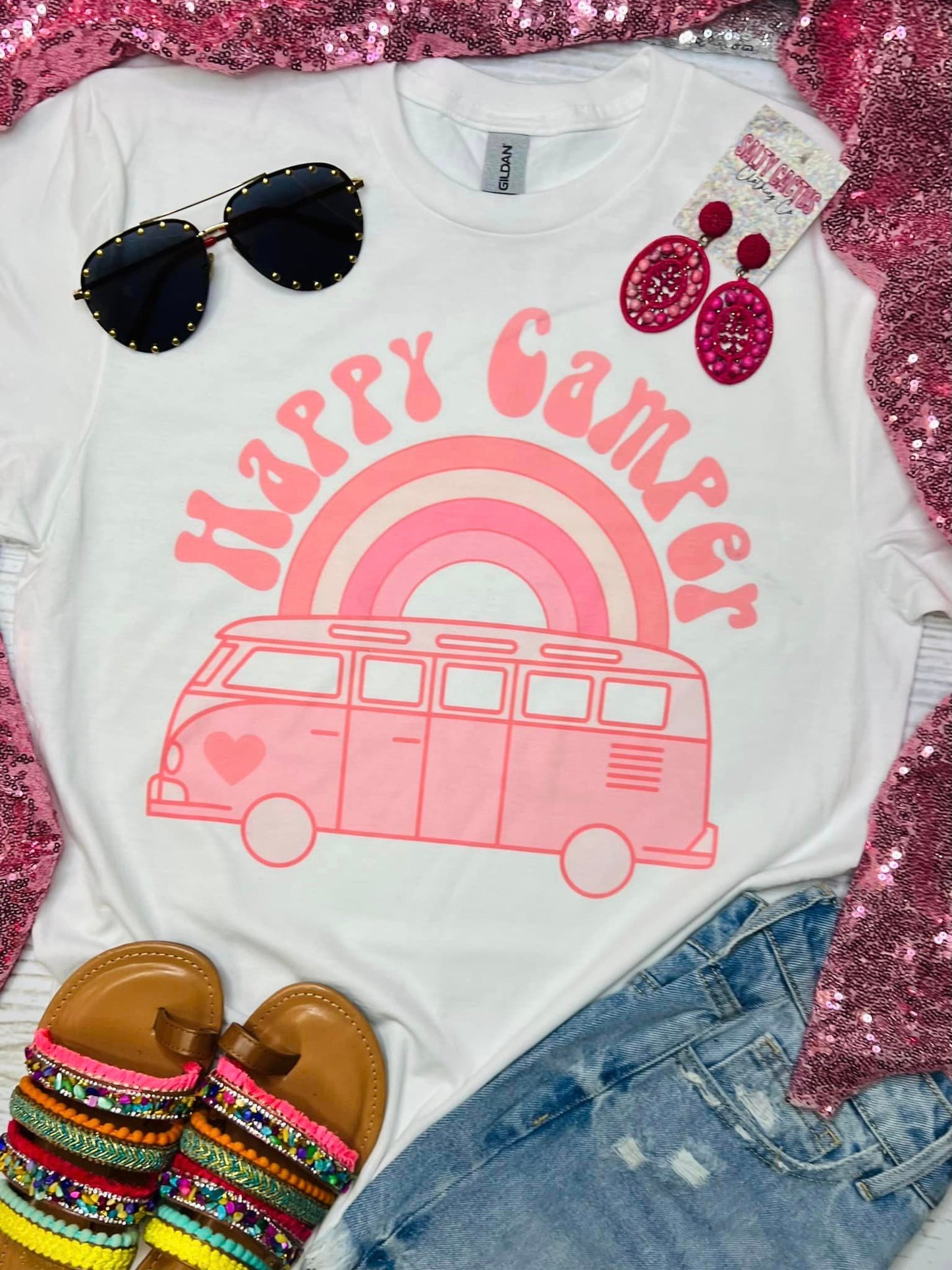 Happy Camper Pink Van White Tee