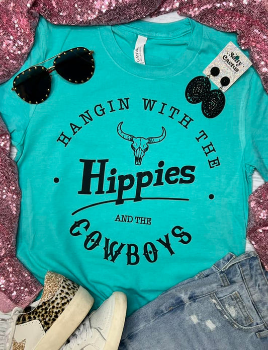 Hangin With The Hippies and The Cowboys Seafoam Tee