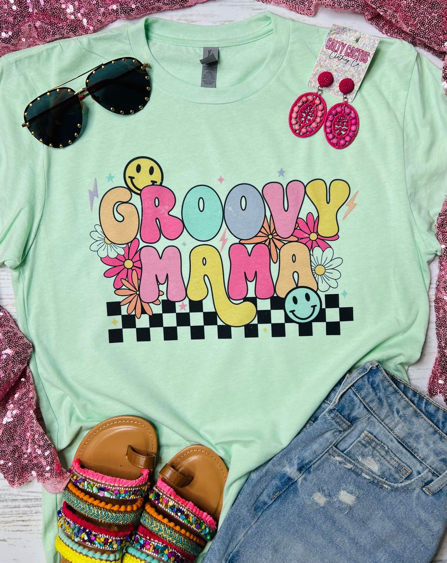 Groovy Mama Flowers on Mint Tee