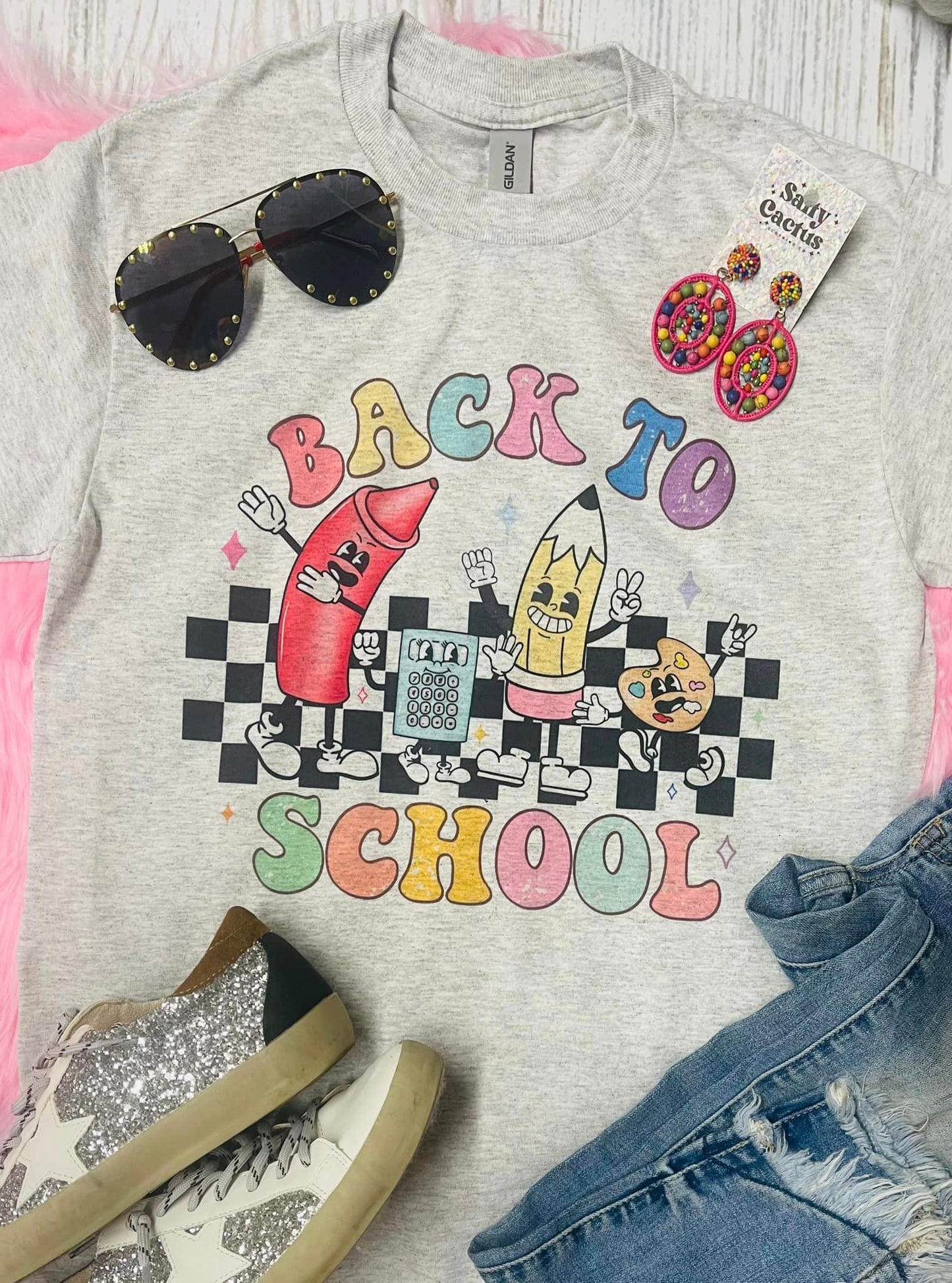 Back To School Checkered Supplies Grey Tee