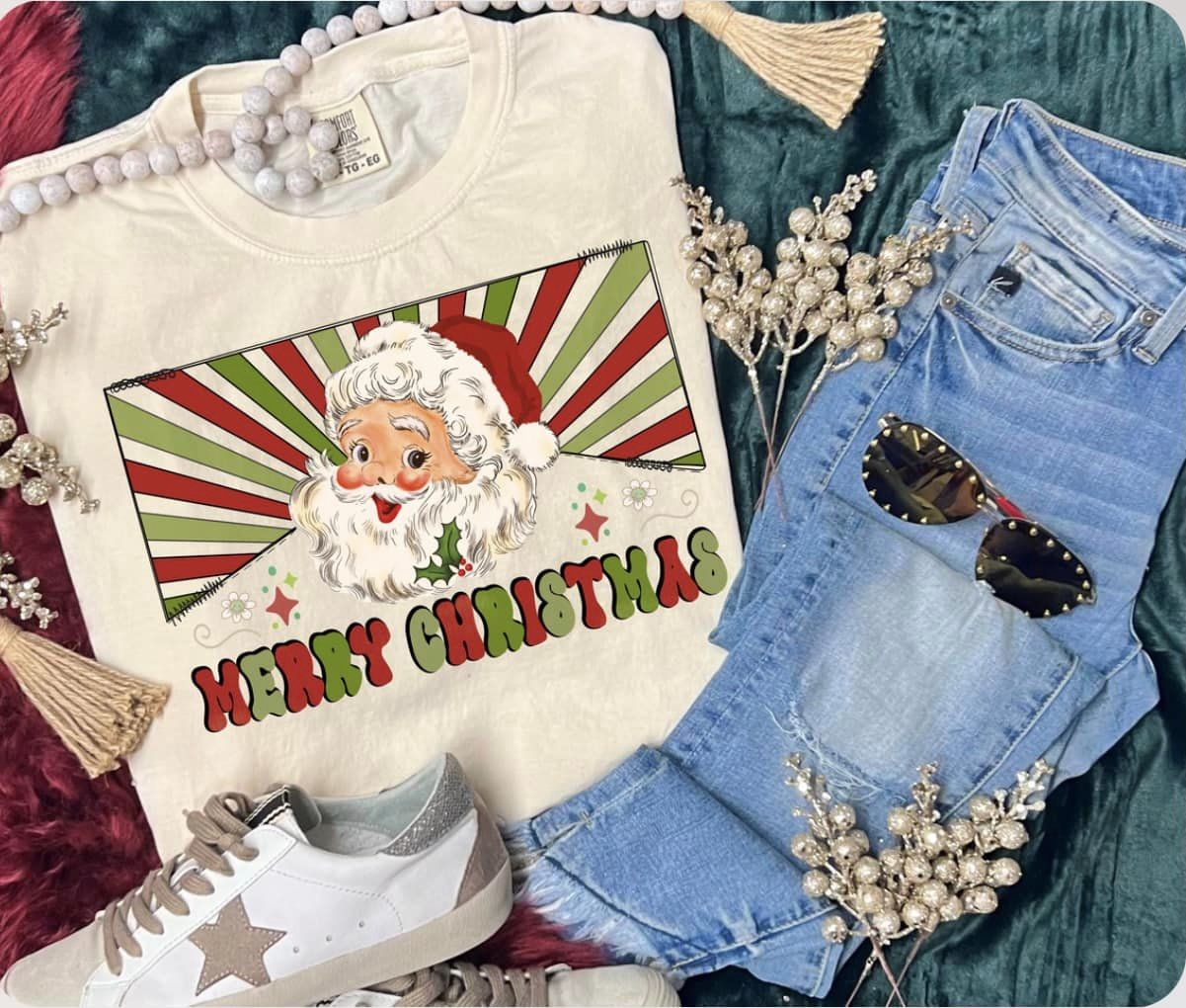 *DTG* Merry Christmas Santa Stripes Ivory Comfort Color Tee