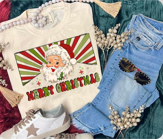 *DTG* Merry Christmas Santa Stripes Ivory Comfort Color Tee