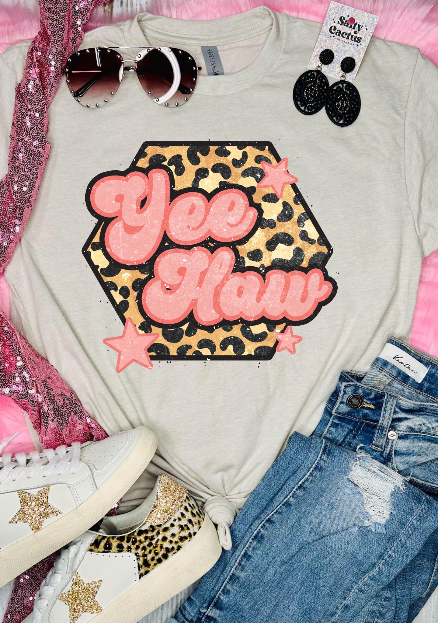 Yee Haw Leopard Stars Tan Tee