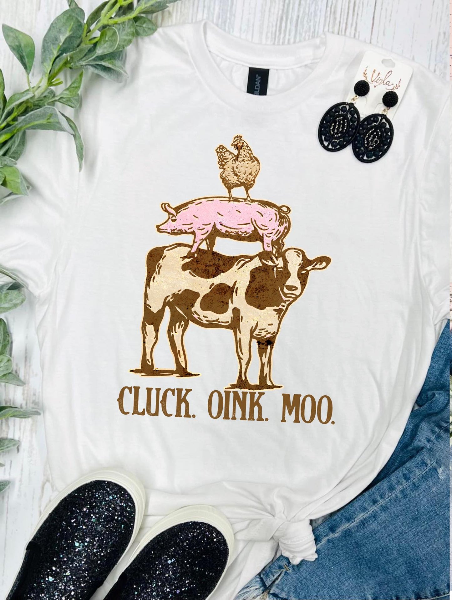 Cluck Oink Moo White Tee