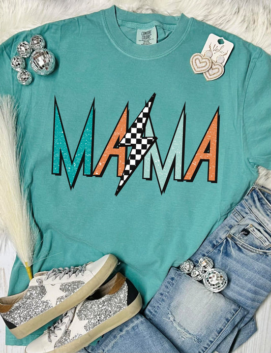 *DTG* Mama Checkered Bolt Seafoam Comfort Color Tee