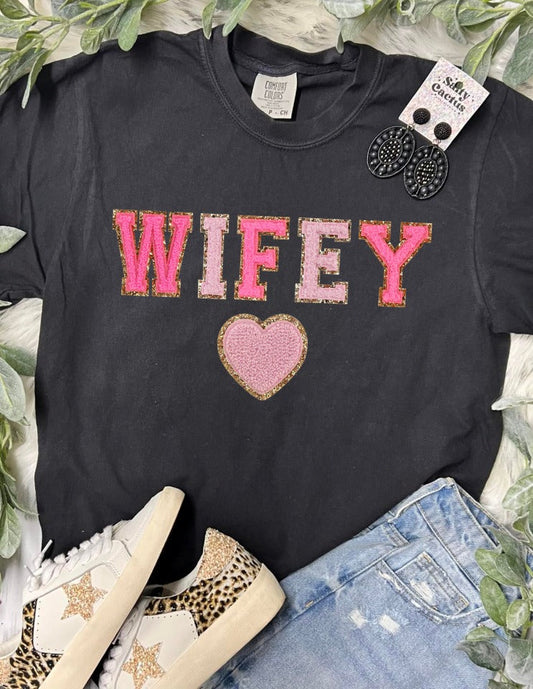 *DTG* Wifey Faux Pink Chenille Letters Black Comfort Color Tee